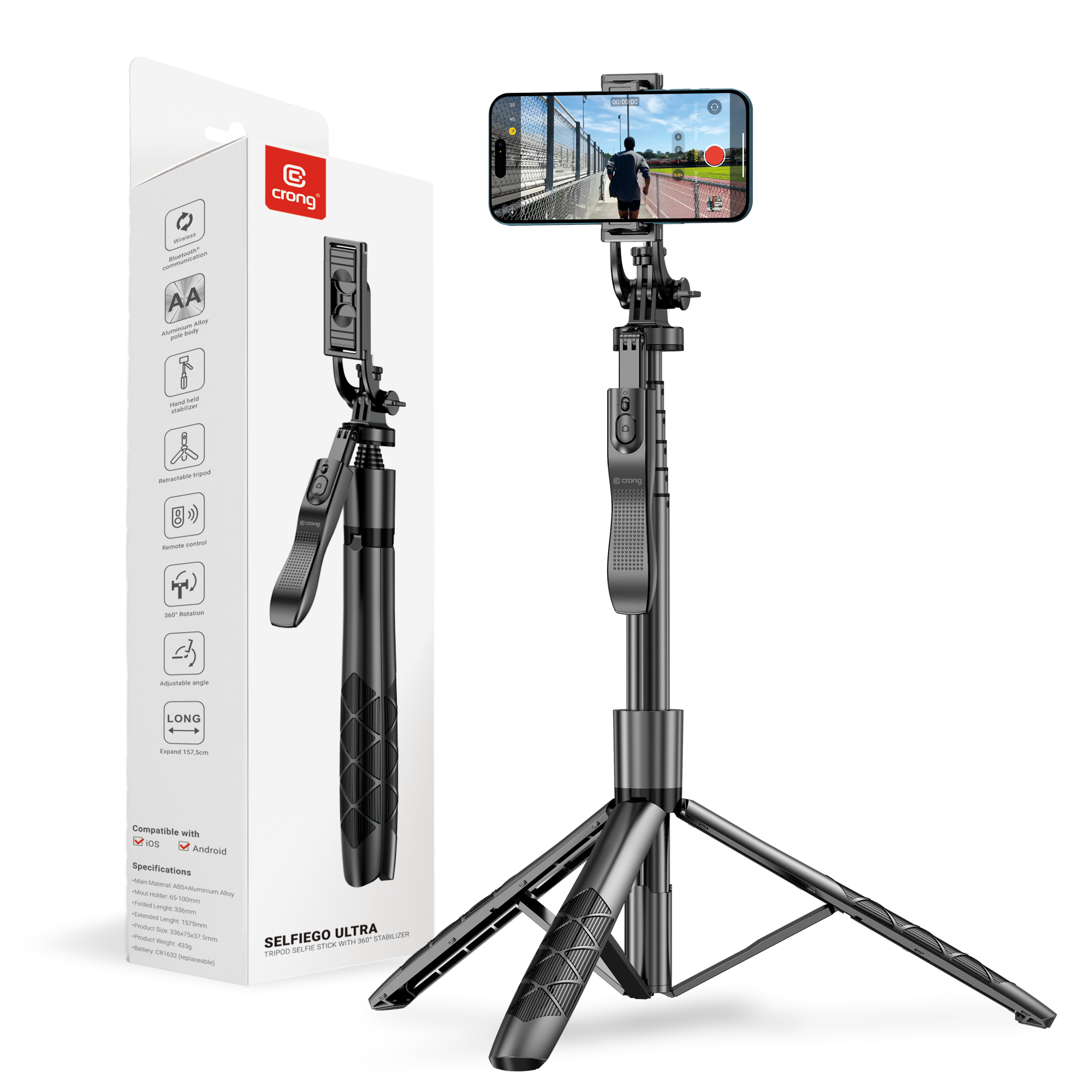 SelfieGo Ultra – Aluminiowy selfie stick Bluetooth tripod