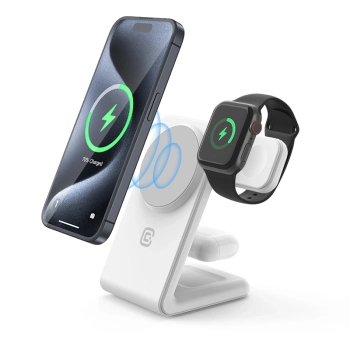 Crong MagSpot Pivot Stand - 3-in-1 Wireless Charger with MagSafe for iPhone, Apple Watch, and AirPods (White)