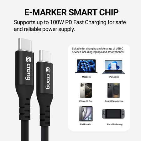 Kabel USB C Crong Soft Link Szybkie Ładowanie 120cm 100W 5A Przewód Czarny