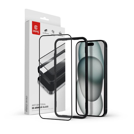 Crong Anti-Bacterial 3D Armour Glass - Gehärtetes Glas für iPhone 16 / iPhone 15 mit Einbaurahmen