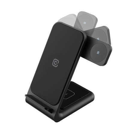 Crong PowerSpot™ Pivot Stand - bezdrátová nabíječka 3 v 1 pro iPhone, Samsung a Android, Galaxy Watch a sluchátka TWS (černá)