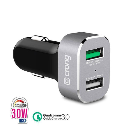 Caricabatteria da auto Crong Power 30W - Caricabatteria da auto USB QuickCharge 3.0 + USB 2.4A (alluminio)