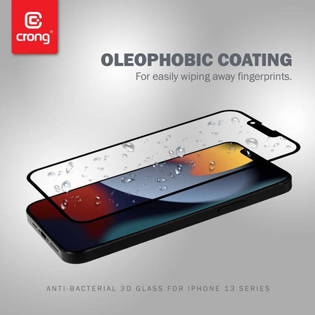 Crong Anti-Bakterielles 3D Panzerglas - 9H vollflächiges gehärtetes Glas für iPhone 14 / iPhone 13 / iPhone 13 Pro + Einbaurahmen