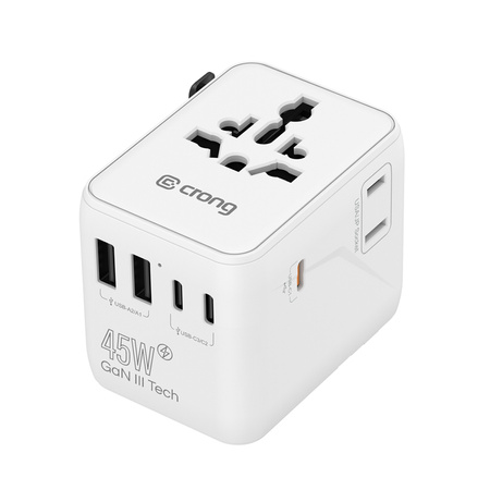 Adapter Podróżny Crong One World Travel Ładowarka Sieciowa GaN 45W UK/EU/US/AU Biały