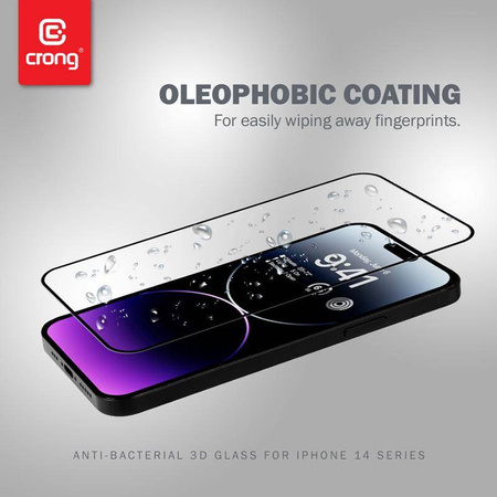 Crong Anti-Bacterial 3D Armour Glass - 9H voll Bildschirm gehärtetes Glas für iPhone 14 Pro Max + Installationsrahmen