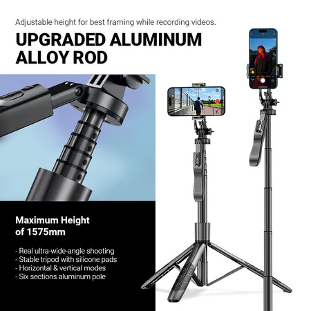Crong SelfieGo Ultra – Aluminum Bluetooth Selfie Stick Tripod (Black)