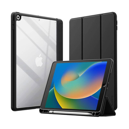 Crong PrimeFolio – iPad 10,2" (2021-2019) Hülle mit Ständer und Aufbewahrungsfach für den Apple Pencil (Schwarz/Transparent)