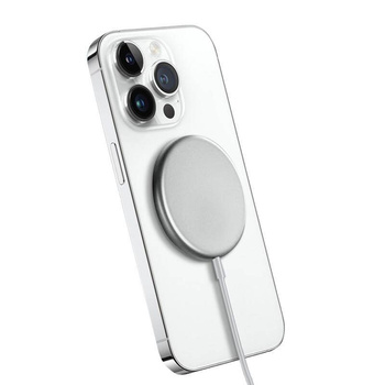 Ασύρματος φορτιστής Crong MagSpot™ - Επαγωγικός φορτιστής MagSafe 15W (ασημί λευκό)