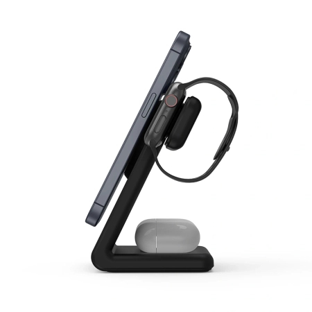 Stojan Crong MagSpot Pivot – bezdrátová nabíječka 3 v 1 s MagSafe pro iPhone, Apple Watch a AirPods (černá)