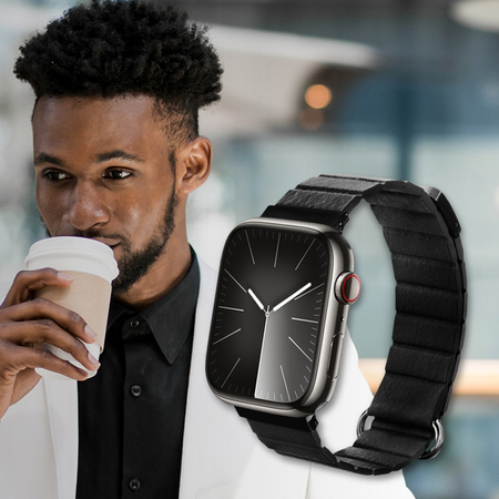 Crong Eclipse - Curea magnetică din piele pentru Apple Watch 44/45/46/49 mm (negru)