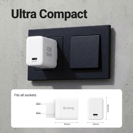 Crong Ultra Compact GaN - USB-C 45W PD 3.0 fali töltő PPS-sel (fehér)
