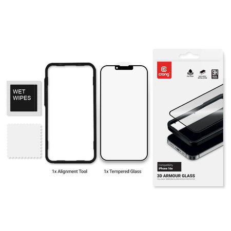 Crong 3D Armor Glass - Закалено стъкло за iPhone 17e / 16e / 14 / 13 / 13 Pro + монтажна рамка