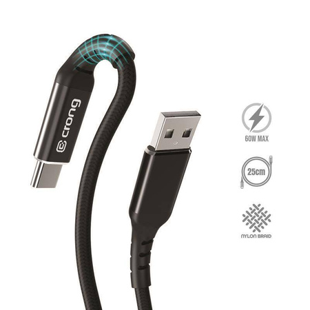 Crong Armor Link - 60W 3A USB-A zu USB-C Power Delivery Schnellladekabel 25cm (schwarz)