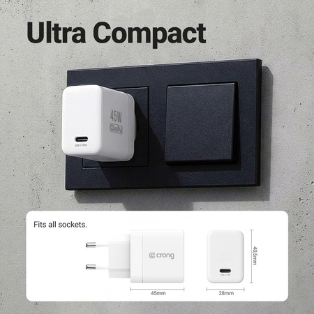 Crong Ultra Compact GaN - USB-C 45W PD 3.0 зарядно за стена с PPS (бяло)