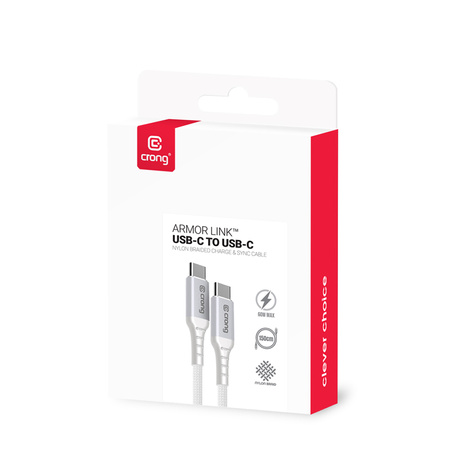 Kabel USB C Crong Armor Link Szybkie Ładowanie 1.5m 60W PD 3A Przewód Biały