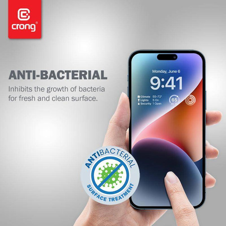 Crong Anti-Bacterial 3D Armour Glass - 9H tvrzené sklo přes celou obrazovku pro iPhone 14 Pro + instalační rámeček