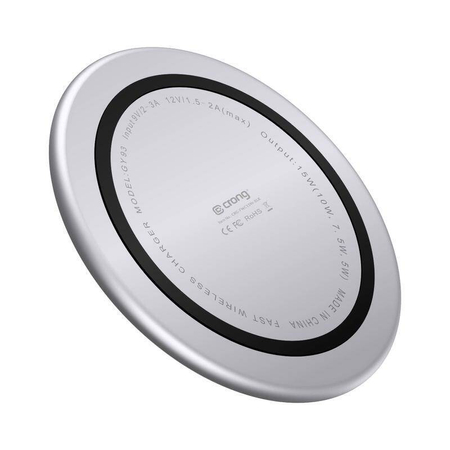 Încărcător wireless rapid Crong PowerSpot – Încărcător wireless Qi USB-C de 15W din aluminiu cu înveliș din sticlă securizată (alb argintiu)