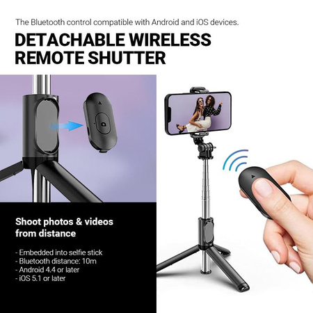 Crong SelfieGo Lite - Compact selfie stick Bluetooth tripod (black)