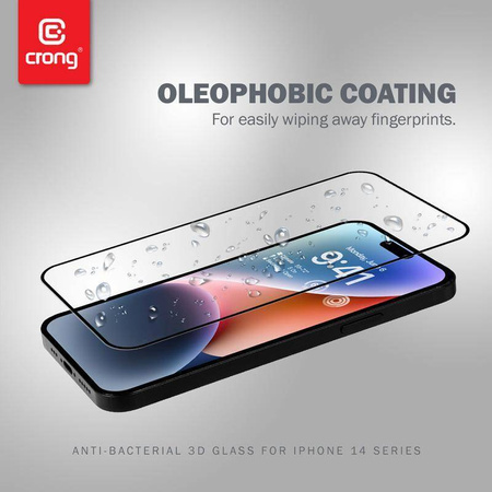 Crong Anti-Bacterial 3D Armour Glass - Cristal templado 9H para toda la pantalla del iPhone 14 Pro + marco de instalación