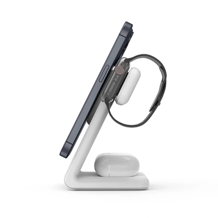 Crong MagSpot™ Pivot Stand - bezdrátová nabíječka 3 v 1 s MagSafe pro iPhone, Apple Watch a AirPods (bílá)