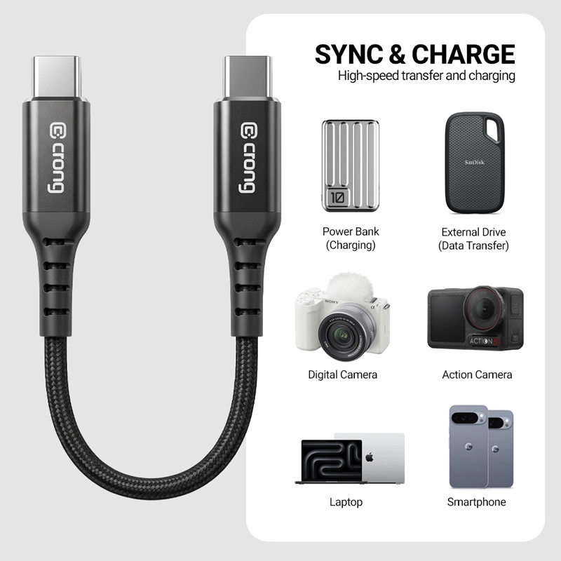 Crong Armor Link USB-C-auf-USB-C-Kabel 60 W PD 10 Gbit/s 25 cm Schwarz — applications