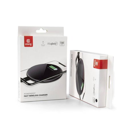 Cargador inalámbrico rápido Crong PowerSpot: cargador inalámbrico Qi USB-C de aluminio de 15 W con revestimiento de vidrio templado (blanco plateado)