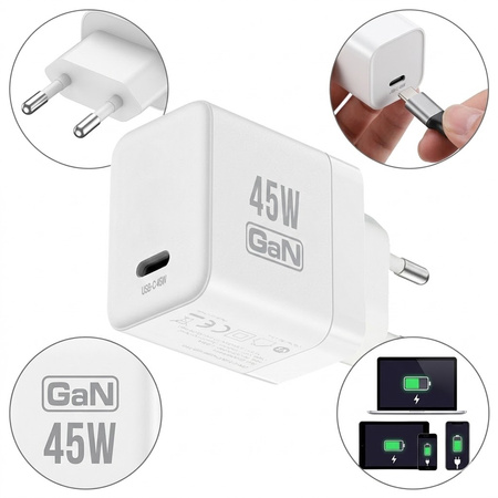 Crong Ultra Compact GaN - USB-C 45W PD 3.0 зарядно за стена с PPS (бяло)