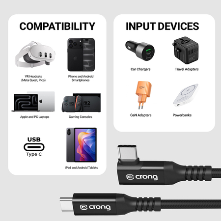 Kabel USB C CRONG Armor Link kątowy 60W PD 3A 5Gbps długi czarny 4.8m