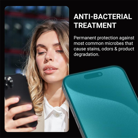 Crong Anti-Bacterial 3D Armour Glass - 9H tvrzené sklo přes celou obrazovku pro iPhone 15 Plus + instalační rámeček