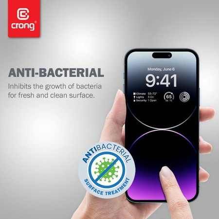 Crong Anti-Bacterial 3D Armour Glass - 9H voll Bildschirm gehärtetes Glas für iPhone 14 Pro Max + Installationsrahmen