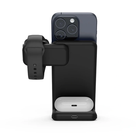 Crong MagSpot Pivot Stand - 3-in-1 Wireless Charger with MagSafe for iPhone, Apple Watch, and AirPods (Black)