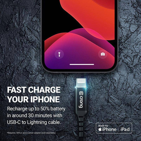 Kabel USB C do Lightning Fast Charging MFi Crong Armor Link Przewód w Oplocie 150cm Czarny