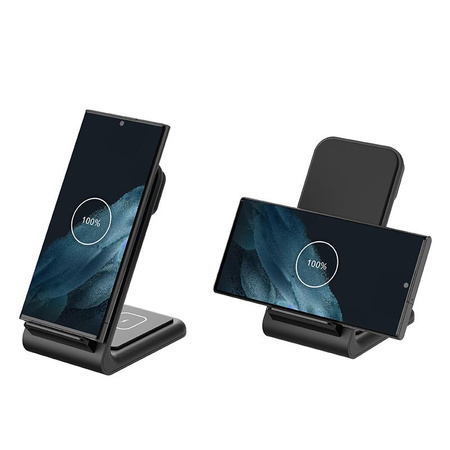 Crong PowerSpot™ Pivot Stand - 3-in-1 kabelloses Ladegerät für iPhone, Samsung & Android, Galaxy Watch und TWS Kopfhörer (schwarz)