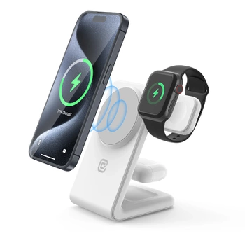 Crong MagSpot forgóállvány - 3 az 1-ben vezeték nélküli töltő MagSafe-fel iPhone-hoz, Apple Watch-hoz és AirPods-hoz (fehér)