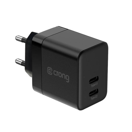 Încărcător de perete Crong Ultra Compact GaN - 2x USB-C 35W PD 3.0 cu PPS (Negru)