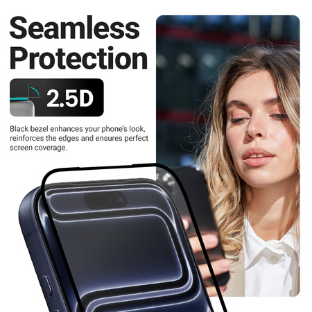 Crong 3D Panzerglas – 9H Vollflächig verklebtes gehärtetes Glas für iPhone 16 / iPhone 15 + Montagerahmen