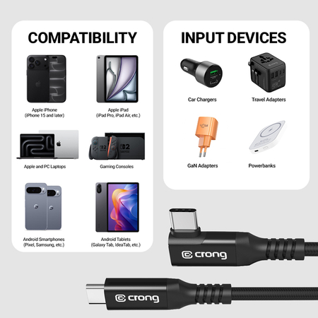 Kabel USB C CRONG Armor Link kątowy 60W PD 3A 5Gbps szybki czarny 1.5m