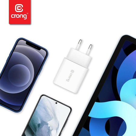 Szybka Ładowarka Sieciowa USB C Power Delivery 20W Crong USB-C Travel Charger Kompaktowa Biała