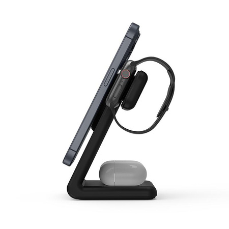 Crong MagSpot™ Pivot Stand - bezdrátová nabíječka 3 v 1 s MagSafe pro iPhone, Apple Watch a AirPods (černá)