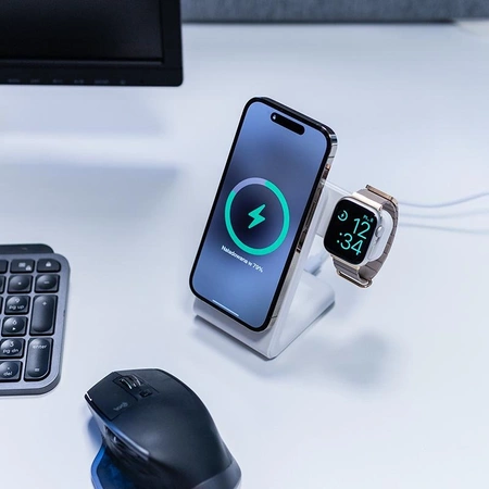 Ładowarka Indukcyjna MagSafe Crong MagSpot™ Pivot Stand do iPhone, Apple Watch i AirPods 3w1 Biała