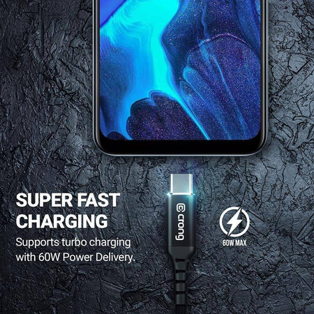 Crong Armor Link - 60W 3A kabel USB-A na USB-C Power Delivery Fast Charging 25cm (černý)