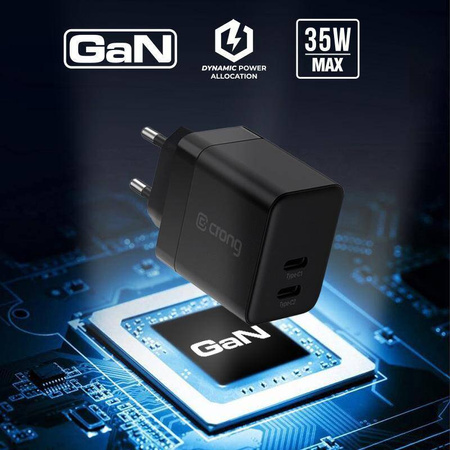 Crong Ultra Compact GaN - 2x USB-C 35W PD 3.0 зарядно за стена с PPS (черно)