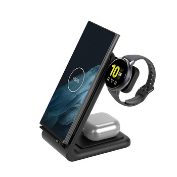 Crong PowerSpot Pivot Stand - 3-in-1 Wireless Charger for iPhone, Samsung & Android, Galaxy Watch and TWS Headphones (Black)