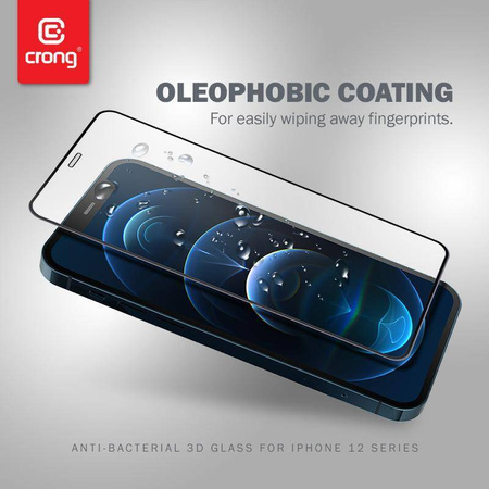 Crong Anti-Bacterial 3D Armour Glass - 9H tvrzené sklo pro celý displej iPhone 12 / iPhone 12 Pro + instalační rámeček