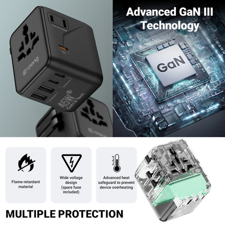 Adapter Podróżny Crong One World Travel Ładowarka Sieciowa GaN 45W UK/EU/US/AU Czarny