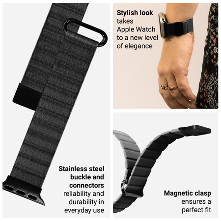 Crong Eclipse - Curea magnetică din piele pentru Apple Watch 44/45/46/49 mm (negru)
