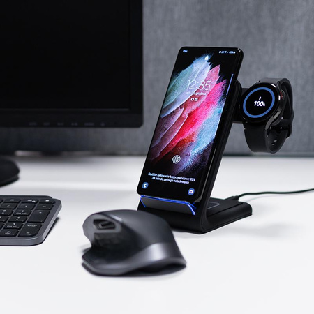 Crong PowerSpot™ Pivot Stand - 3-in-1 kabelloses Ladegerät für iPhone, Samsung & Android, Galaxy Watch und TWS Kopfhörer (schwarz)