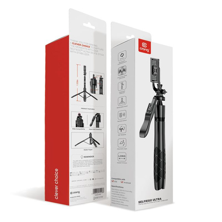 Crong SelfieGo Ultra – Bluetooth-Selfie-Stick-Stativ aus Aluminium (Schwarz)