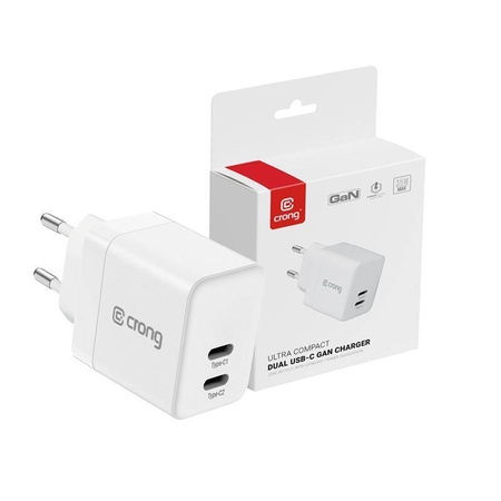 Szybka Ładowarka Sieciowa 2x USB C Crong Utra Compact GaN 35W PD 3.0 Biała