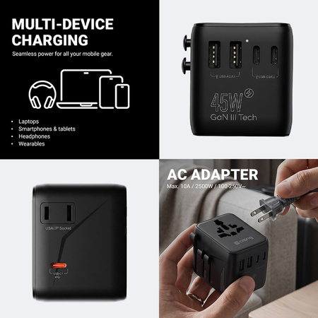 Adapter Podróżny Crong One World Travel Ładowarka Sieciowa GaN 45W UK/EU/US/AU Biały